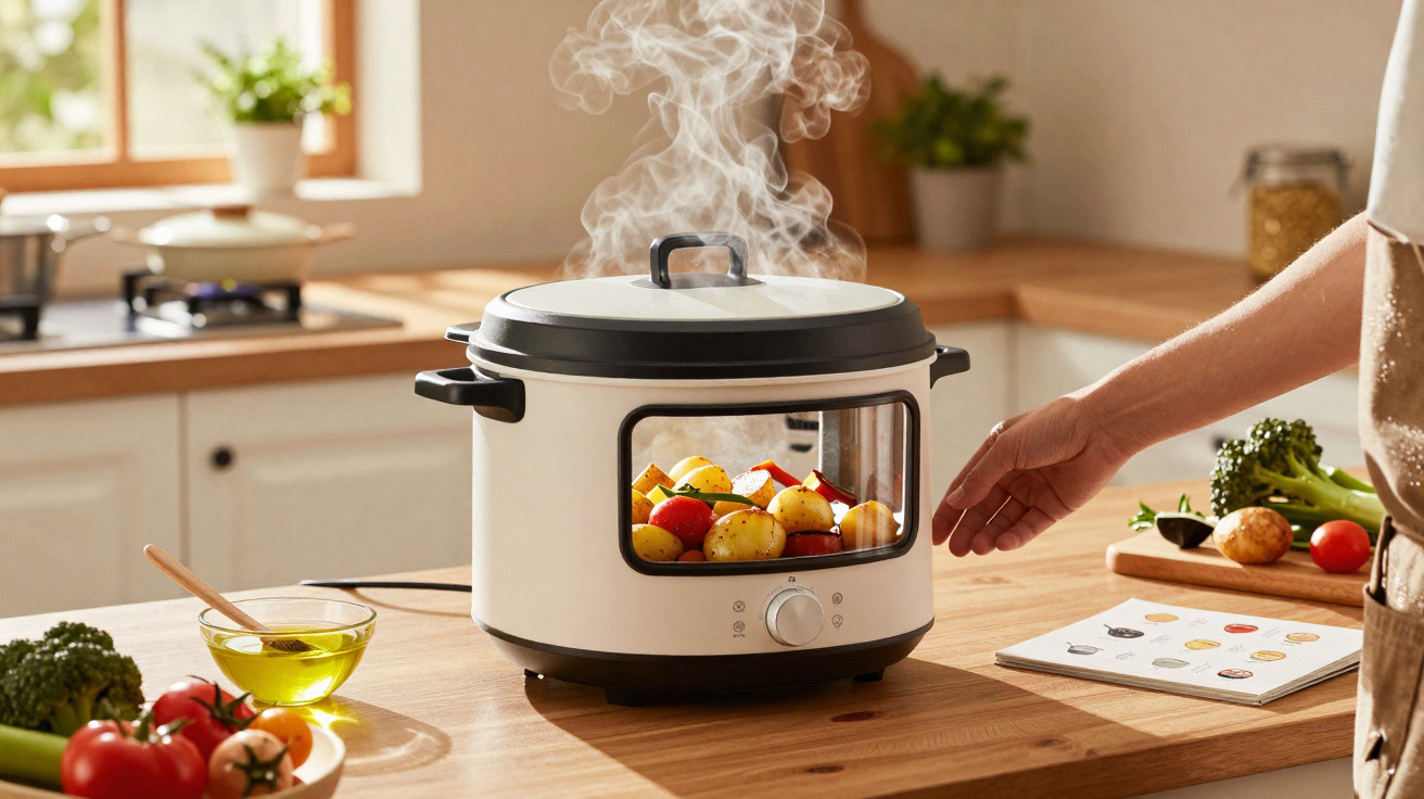 Panela elétrica branca cozinhando legumes com vapor saindo em cozinha moderna.