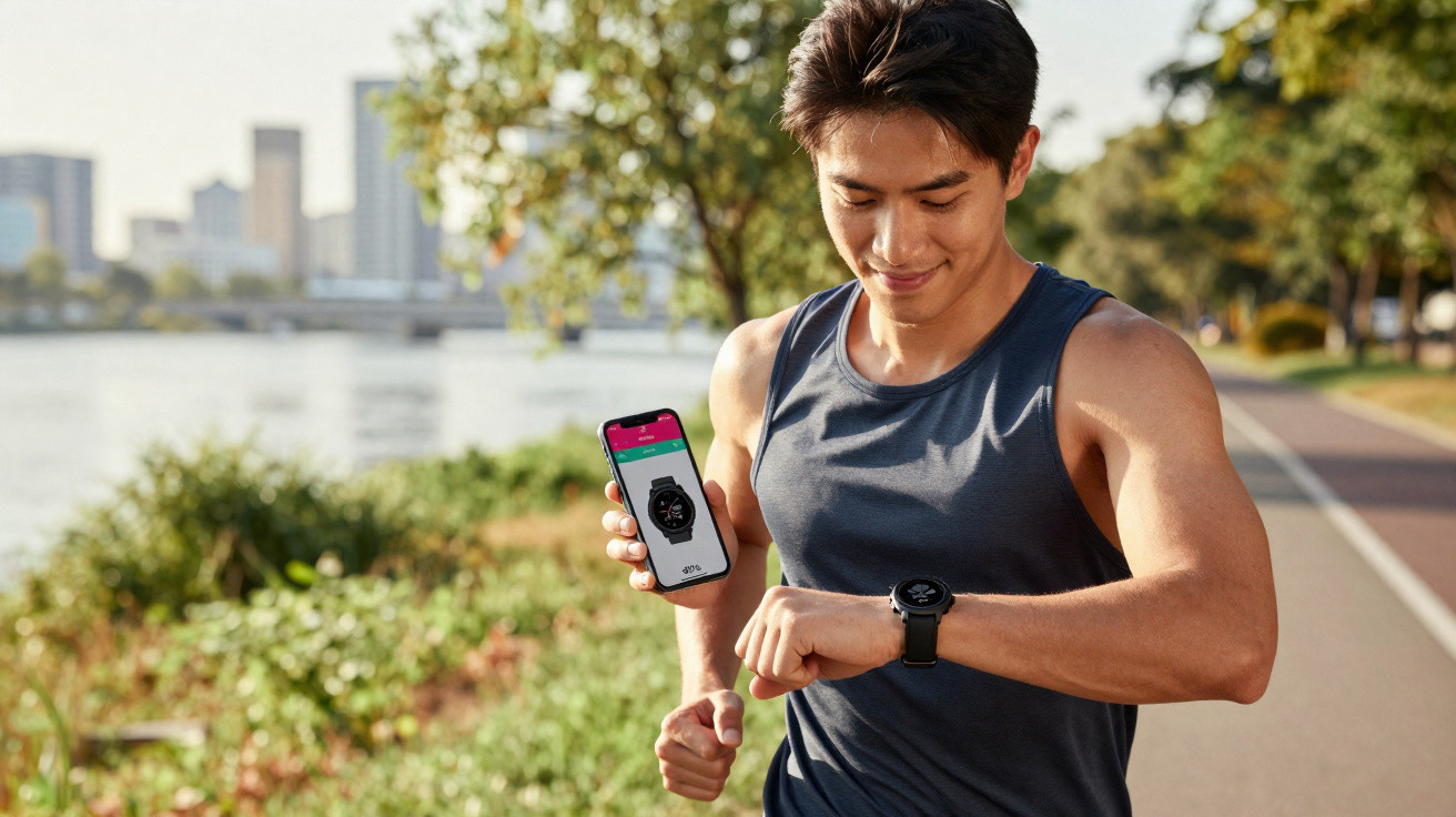 Homem correndo ao ar livre, olhando para relógio esportivo e segurando celular com app aberto.