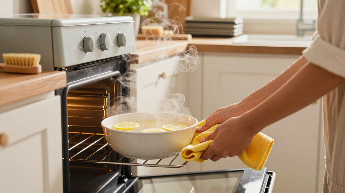 Pessoa retirando tigela quente com fatias de limão do forno com pano amarelo na cozinha clara