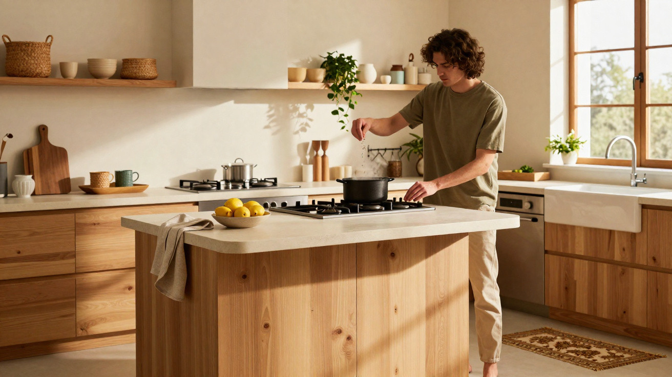 Jovem cozinhando em cozinha moderna com armários de madeira clara e ilha central.