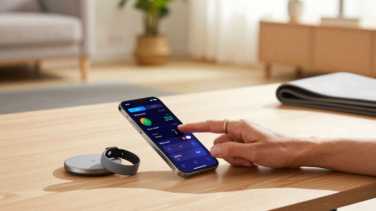 Mão usando anel interage com smartphone exibindo app de controle de glicose, junto a pulseira e carregador sobre mesa de made