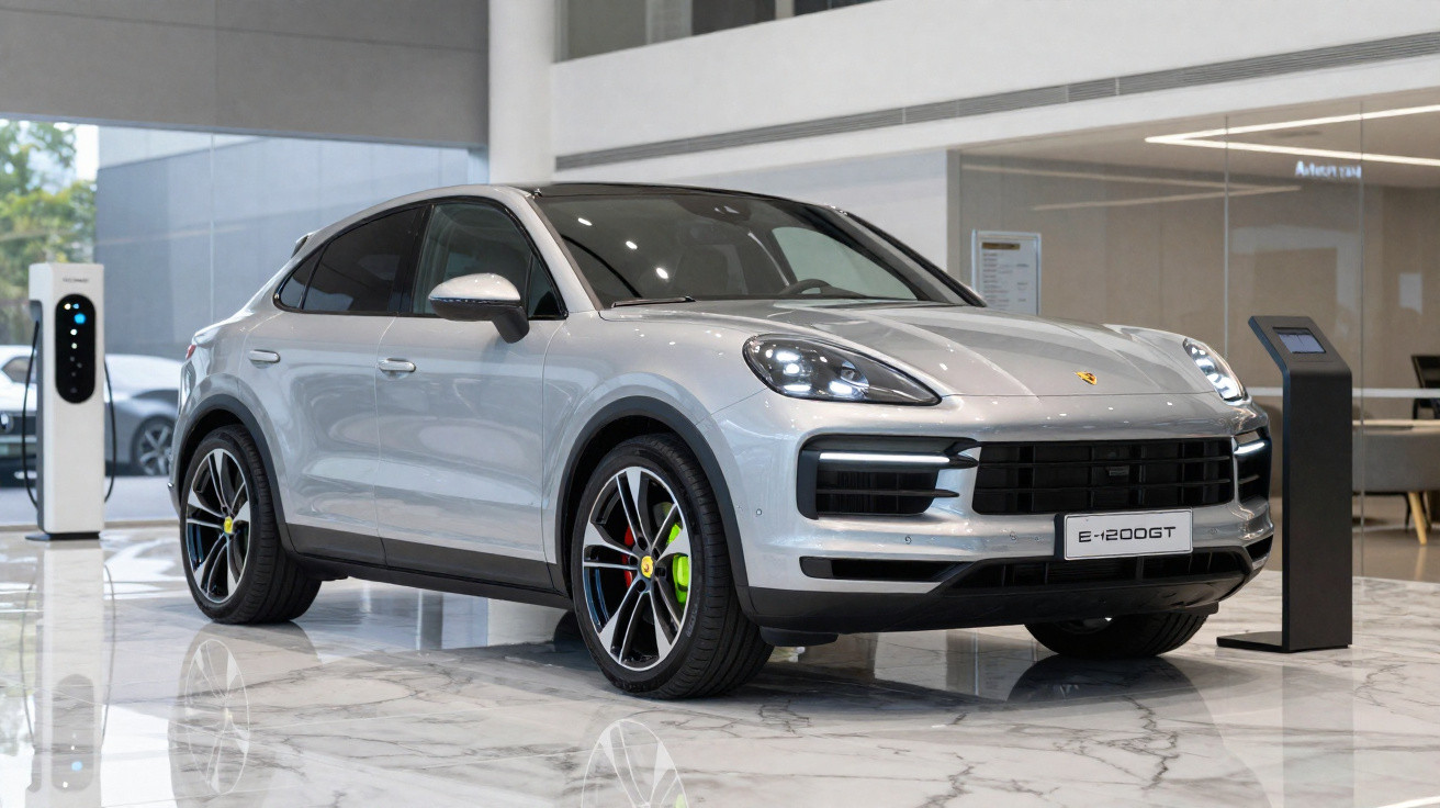 Carro elétrico Porsche E-1200GT prata estacionado em showroom moderno com piso de mármore.