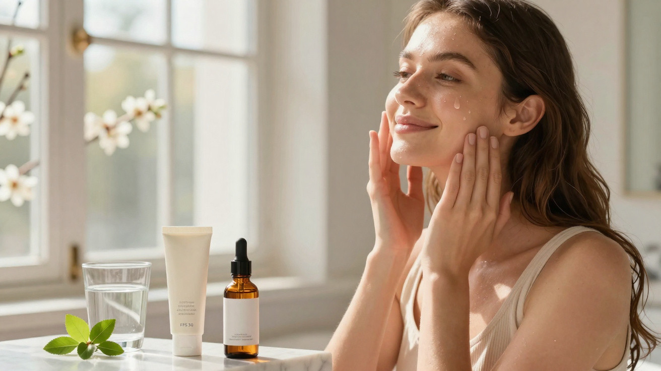 Mulher aplicando creme hidratante no rosto, ao lado de frascos de cosméticos e um copo d'água.