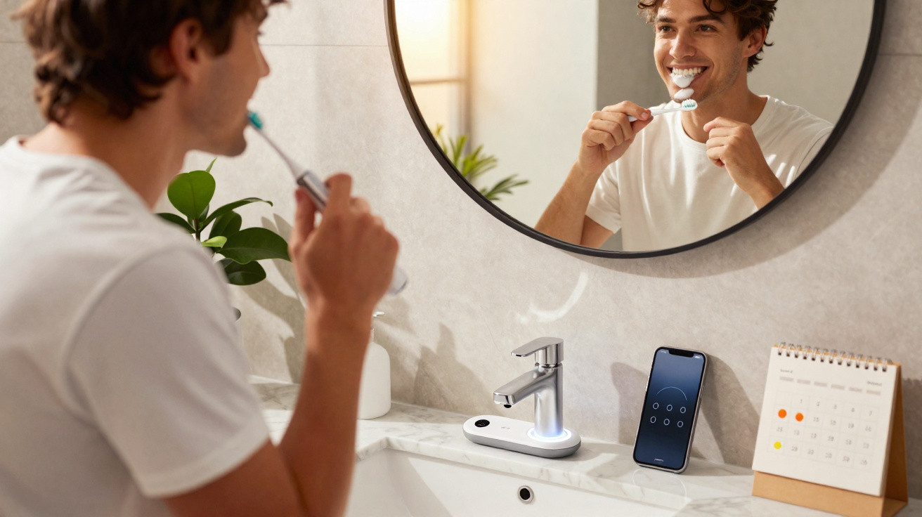 Homem escovando os dentes diante de espelho em banheiro moderno com celular e calendário sobre pia.