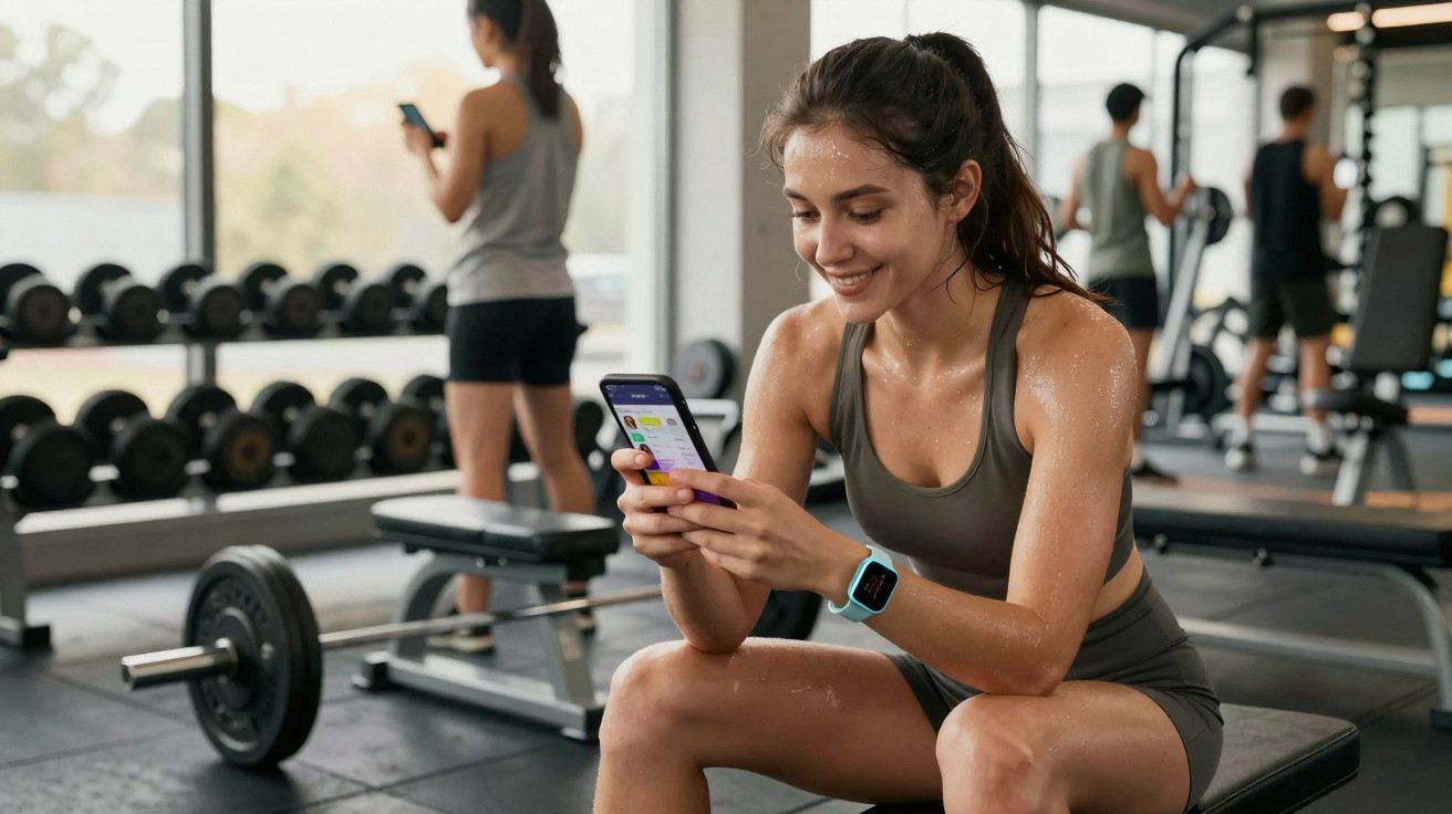 Mulher sorrindo usa celular sentada em banco de academia, outras pessoas treinam ao fundo.