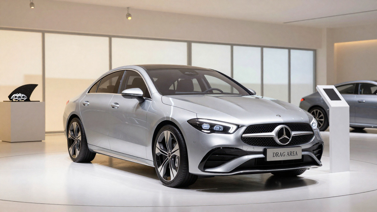 Carro prata Mercedes-Benz expositor em sala moderna com piso branco e janelas amplas.