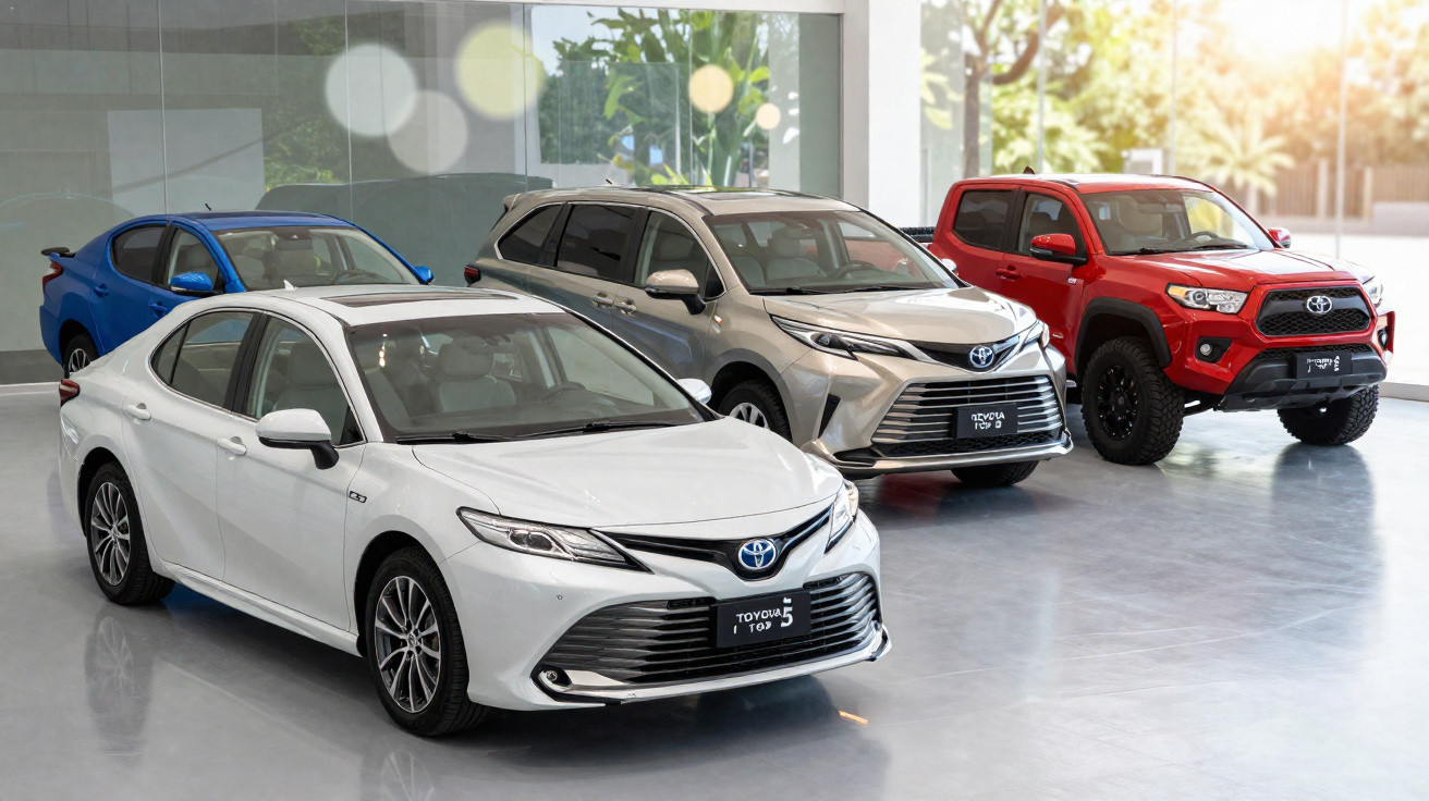 Quatro carros Toyota novos em exposição em showroom com piso brilhante e iluminação natural.