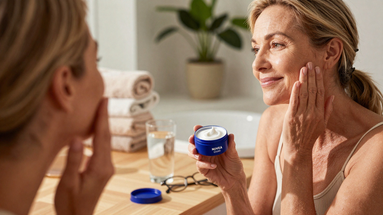 Mulher aplicando creme facial Nivea, em frente a espelho, em banheiro com toalhas ao fundo.