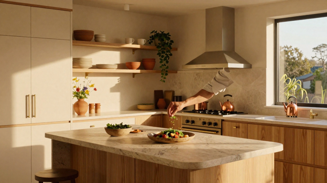 Cozinha moderna com bancada de mármore, armários de madeira e pessoa temperando salada em prato.