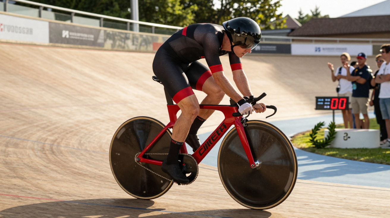 Ciclista em roupa preta e vermelha competindo em pista de velódromo com bicicleta vermelha.