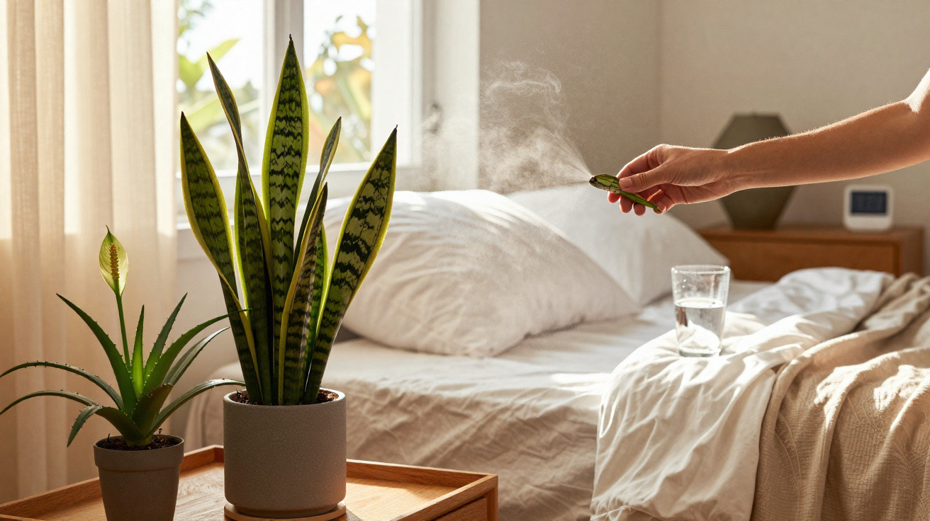 Quarto iluminado com plantas em vaso e mão queimando folha para aromaterapia ao lado da cama.