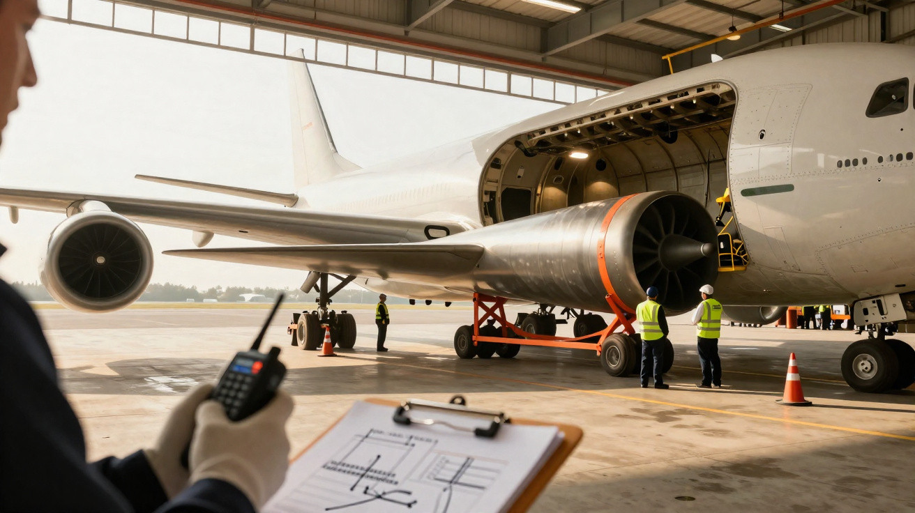 Funcionários realizam manutenção em motor de avião dentro de hangar industrial.