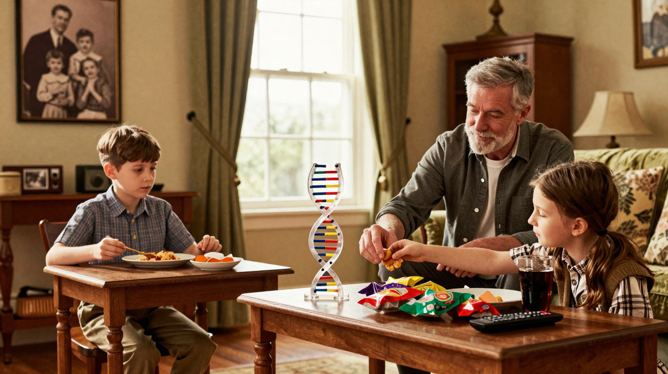 Avô e dois netos sentados em sala tradicional com petiscos e modelo de DNA na mesa de centro.