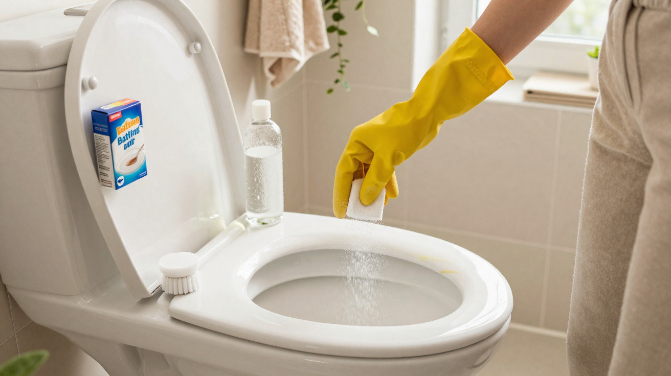 Pessoa com luva amarela aplicando produto em pó para limpeza no vaso sanitário branco em banheiro.