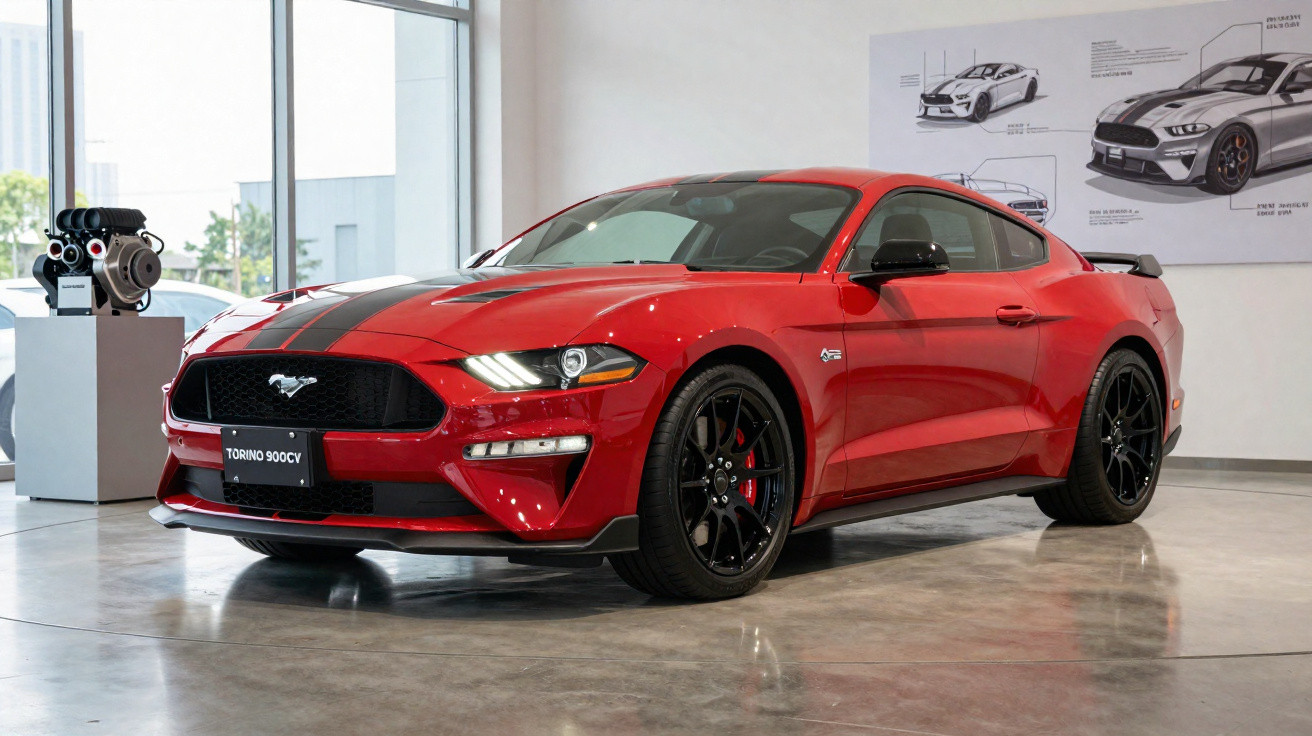 Carro esportivo vermelho Ford Mustang Torino 900CV exposto em showroom moderno com motor ao lado.