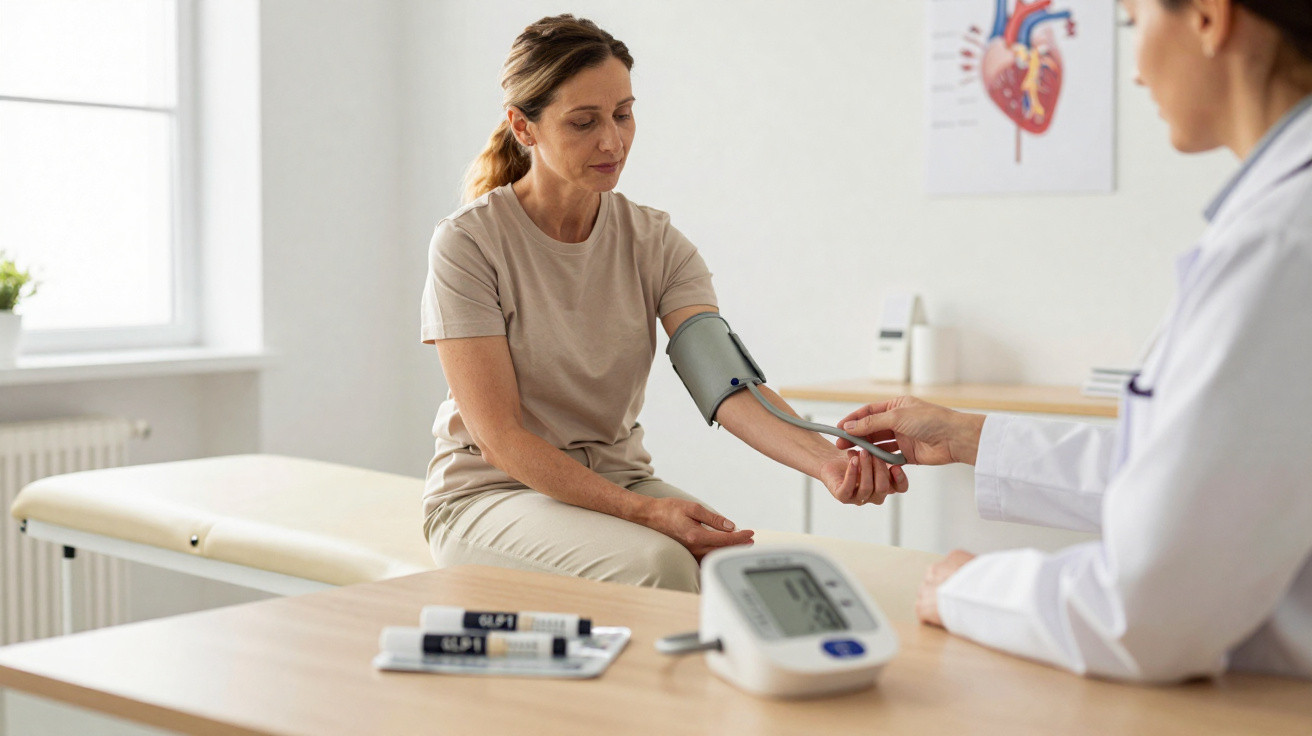 Mulher tendo pressão arterial medida por médica em consultório com mesa e equipamentos médicos.