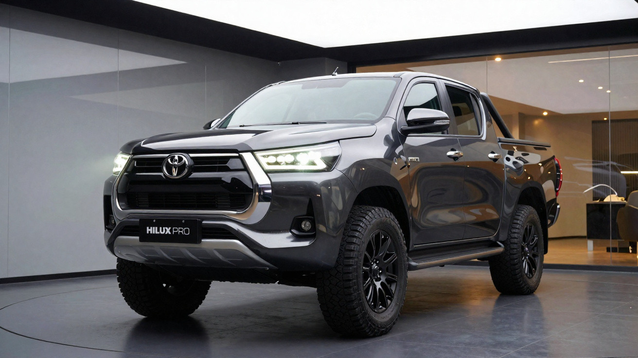 Picape preta Toyota Hilux Pro estacionada em ambiente moderno com faróis ligados.