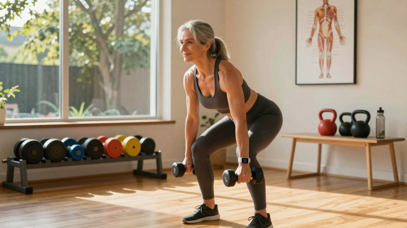 Mulher madura fazendo exercício com halteres em ambiente claro de academia caseira.