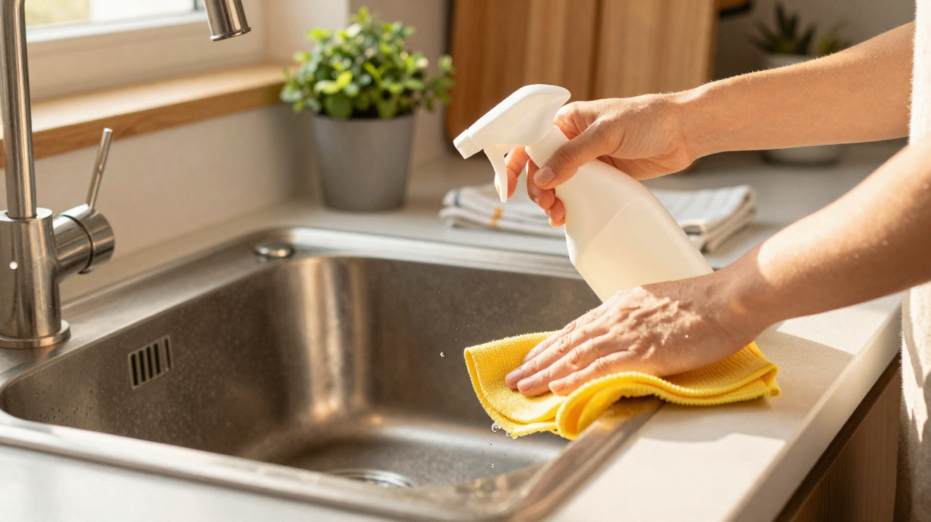 Pessoa limpando uma pia de cozinha de inox com pano amarelo e borrifador branco.