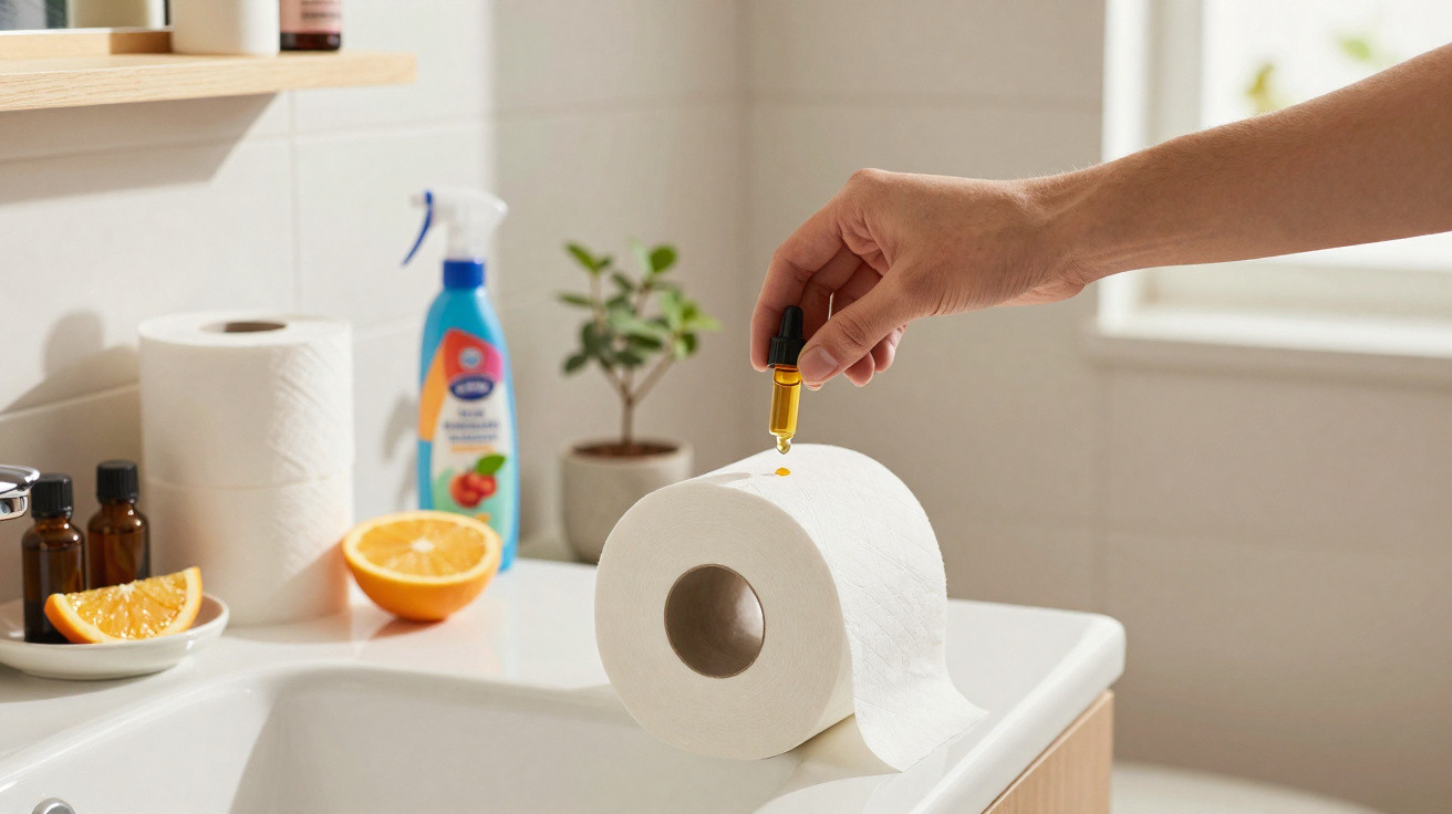 Mão pingando óleo essencial em papel higiênico sobre pia com itens de limpeza e laranja ao fundo.