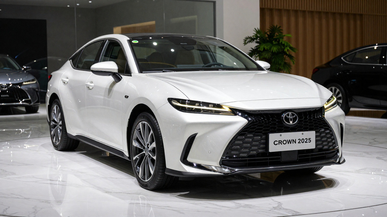 Carro sedan branco Toyota Crown 2025 exibido em salão moderno com piso branco brilhante.