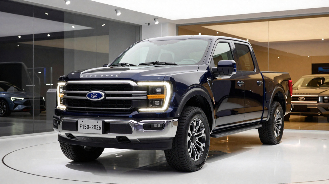 Picape Ford F-150 2026 preta em exposição em ambiente interno moderno e iluminado.