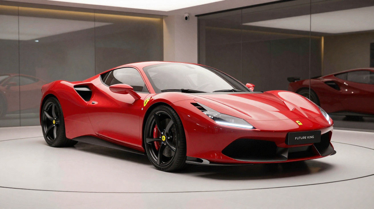Carro esportivo vermelho Ferrari apresentado em sala com paredes de vidro refletindo o veículo.