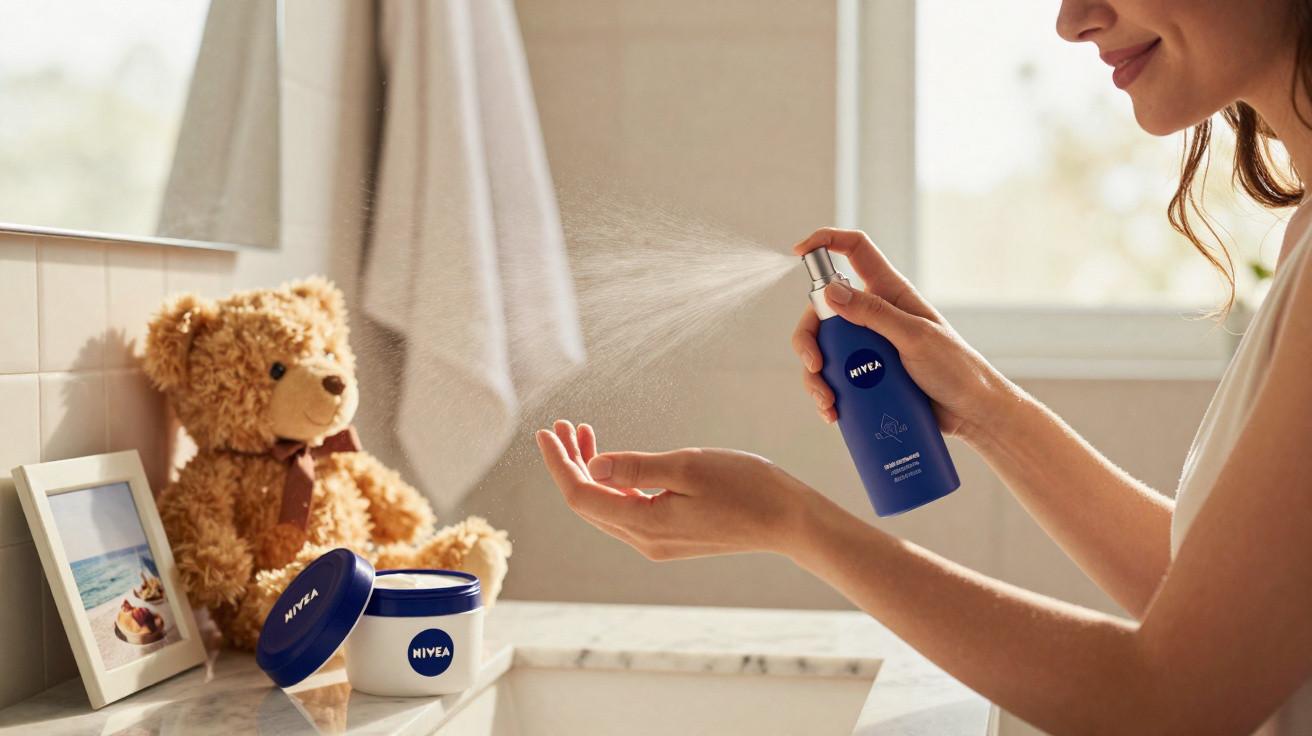 Mulher aplicando spray hidratante Nivea nas mãos em banheiro com ursinho de pelúcia ao fundo.