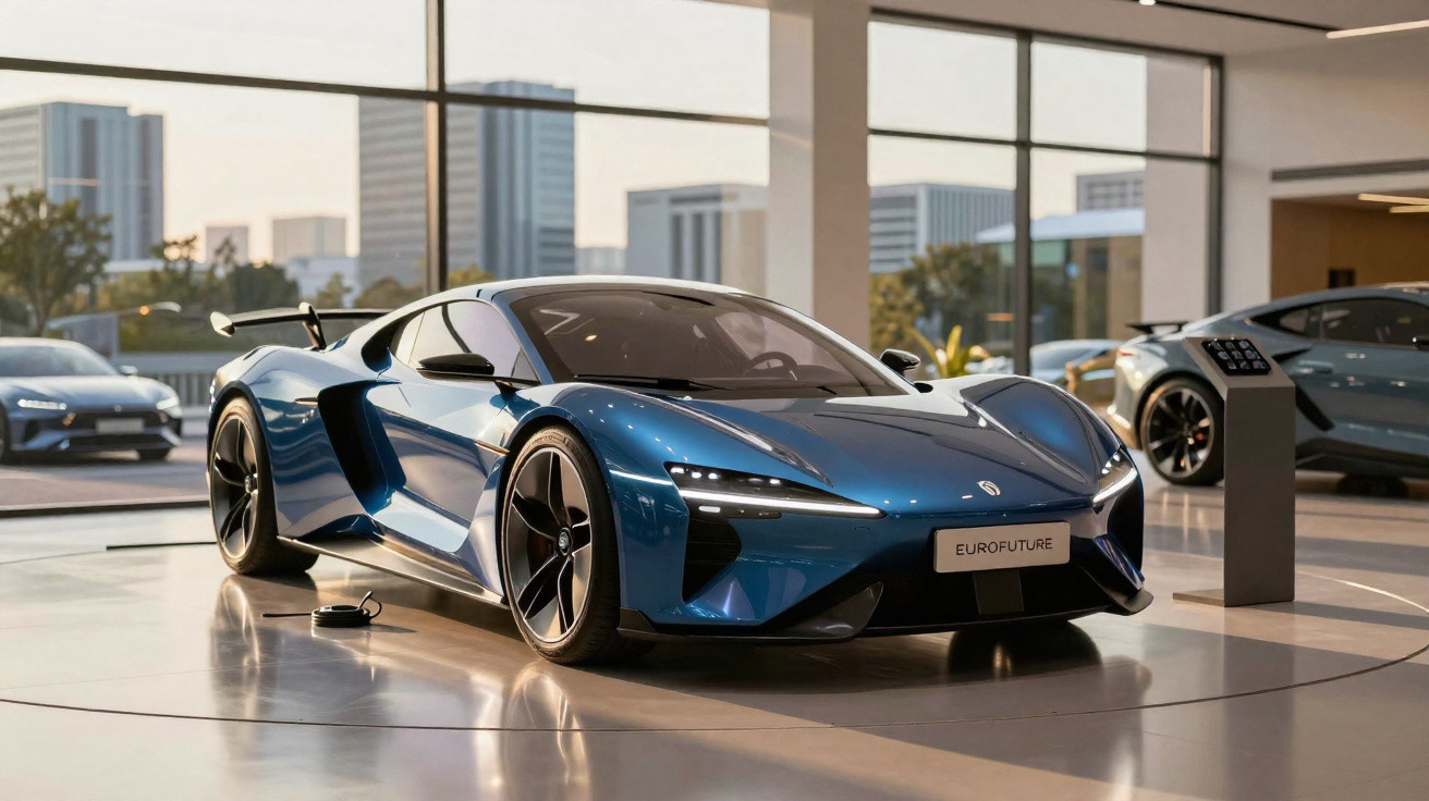 Carro esportivo elétrico azul exposto em showroom com janelas amplas e outros veículos ao fundo.