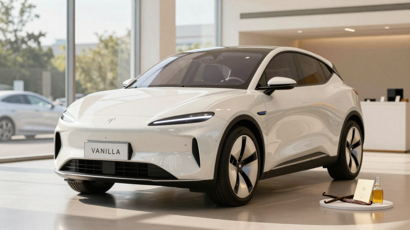 Carro elétrico branco moderno em showroom iluminado com luz natural, nome "Vanilla" na placa frontal.