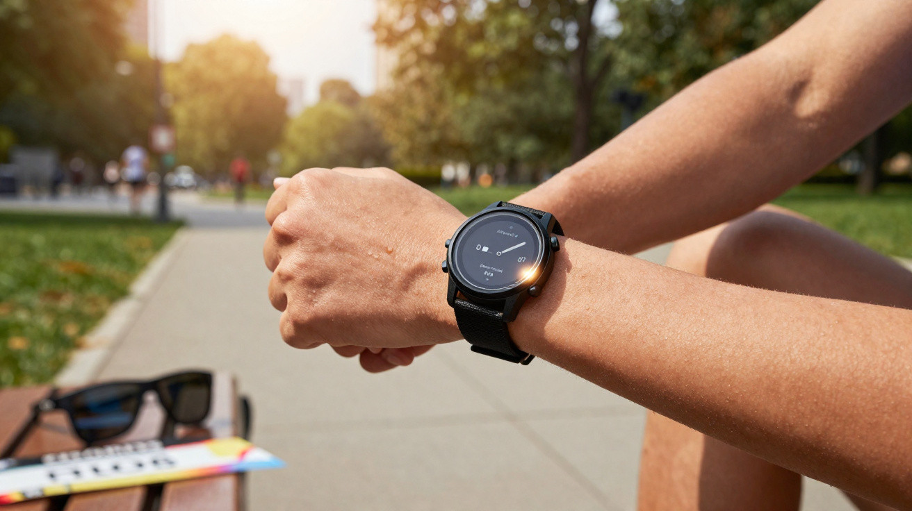 Pessoa verificando smartwatch preto em parque ensolarado com óculos e revista em banco próximo.