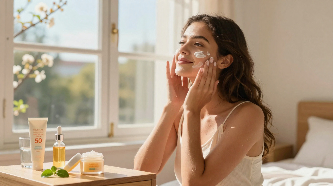 Mulher aplicando creme facial em um quarto iluminado com produtos de cuidados na mesa ao lado.