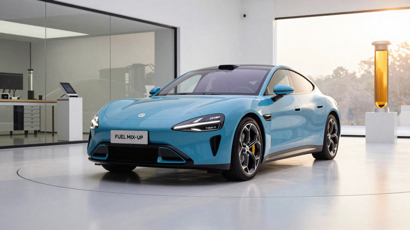 Carro elétrico azul em exposição dentro de showroom moderno com grandes janelas e iluminação natural.