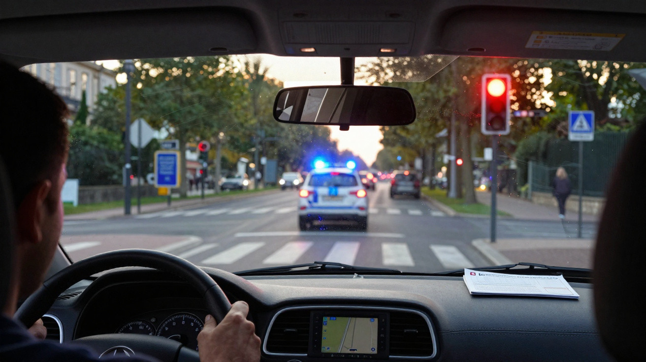 Vista interna de carro com motorista, polícia à frente com luzes azuis e semáforo vermelho em área urbana.