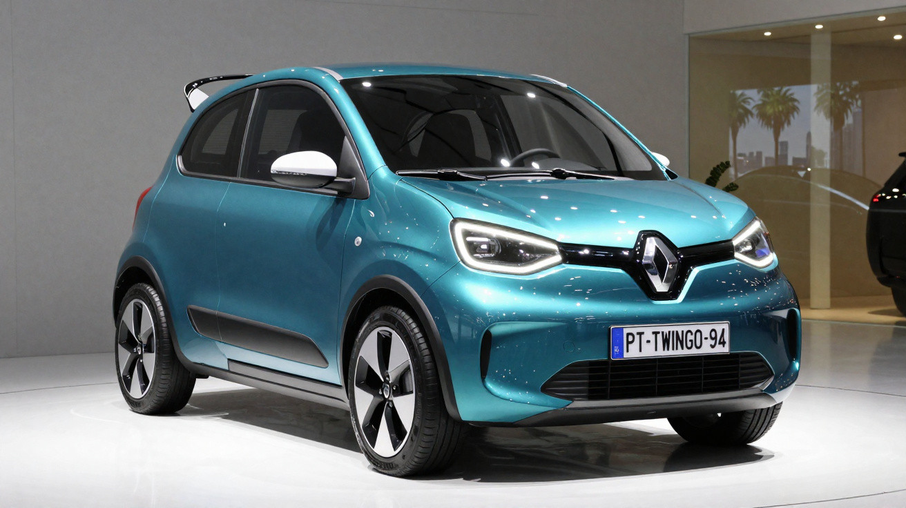 Carro compacto elétrico azul Renault Twingo exibido em showroom com luz refletida na lataria.