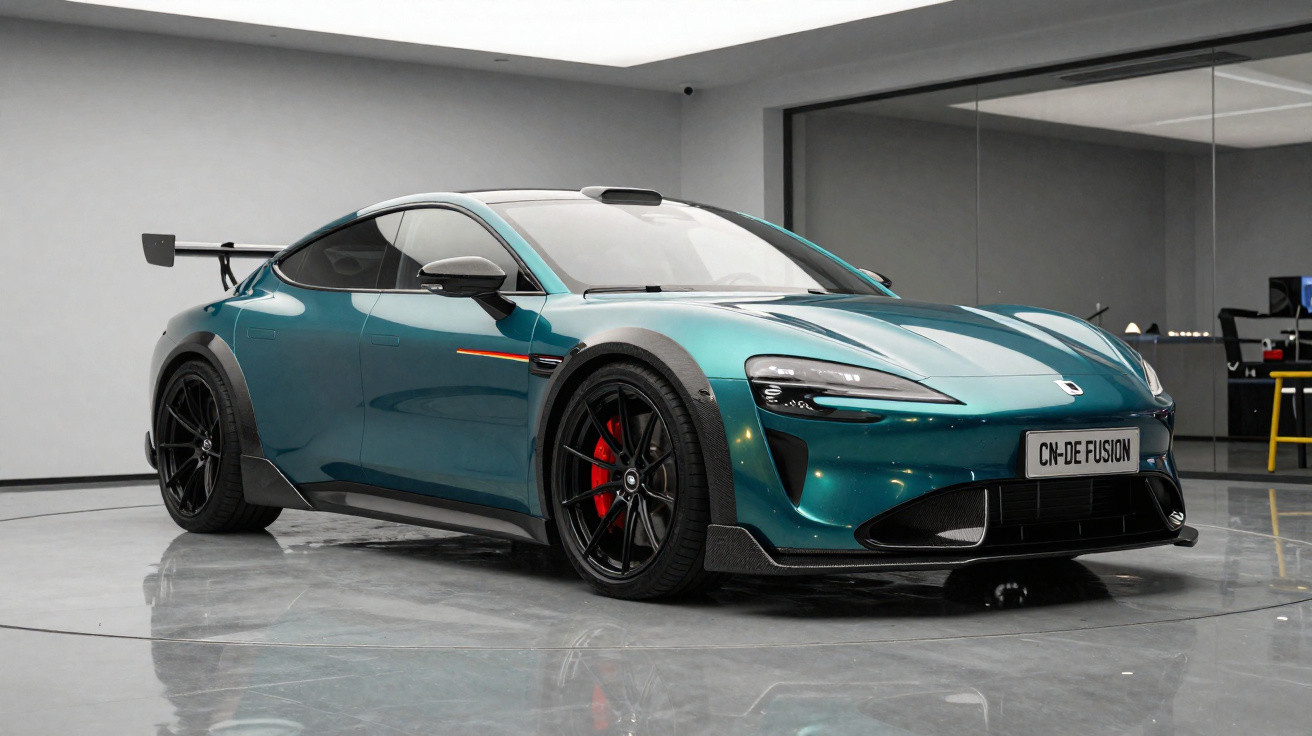 Carro esportivo elétrico azul com aerofólio preto estacionado em garagem moderna e iluminada.