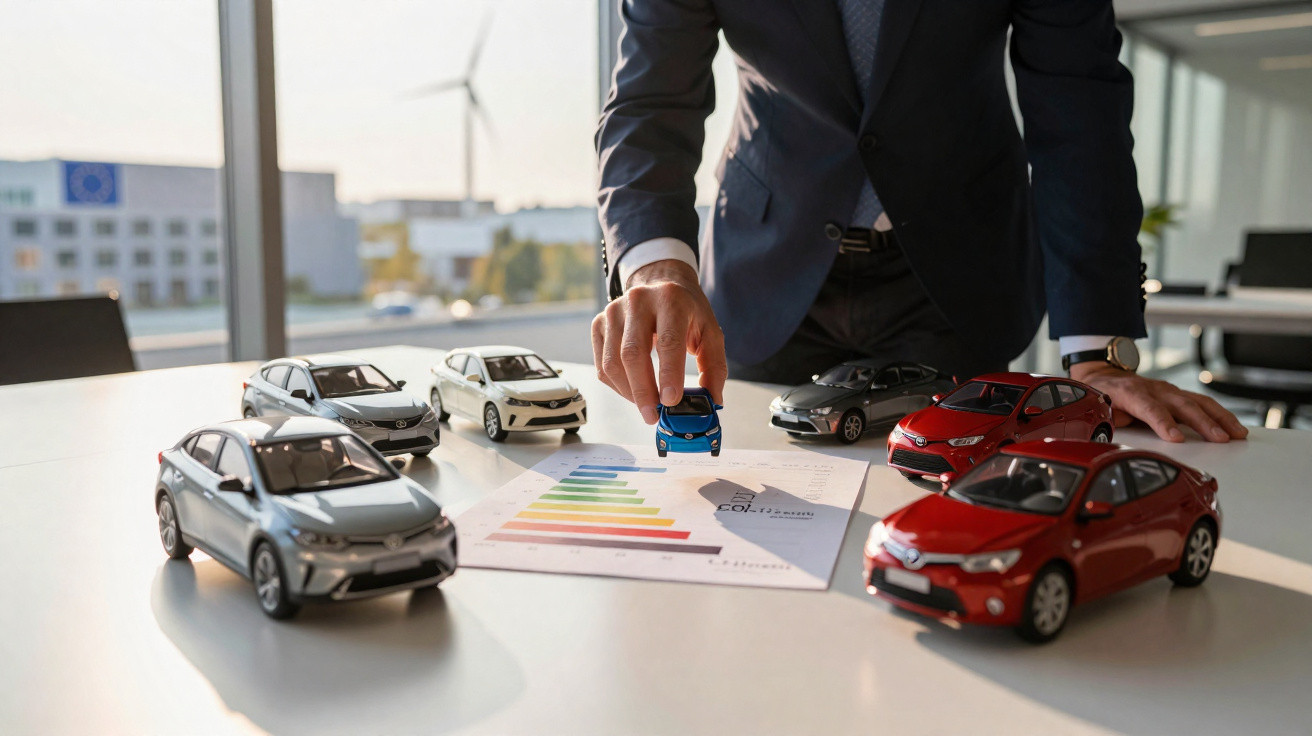 Pessoa em terno manuseia miniatura de carro sobre mesa com gráficos e modelos de carros em escala diversa.