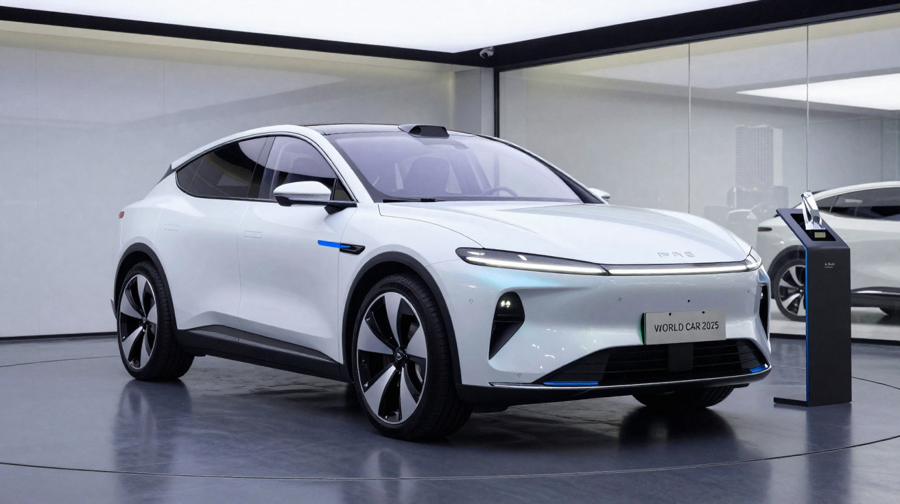 Carro elétrico branco futurista em exposição em ambiente moderno, com detalhes em azul e rodas grandes.