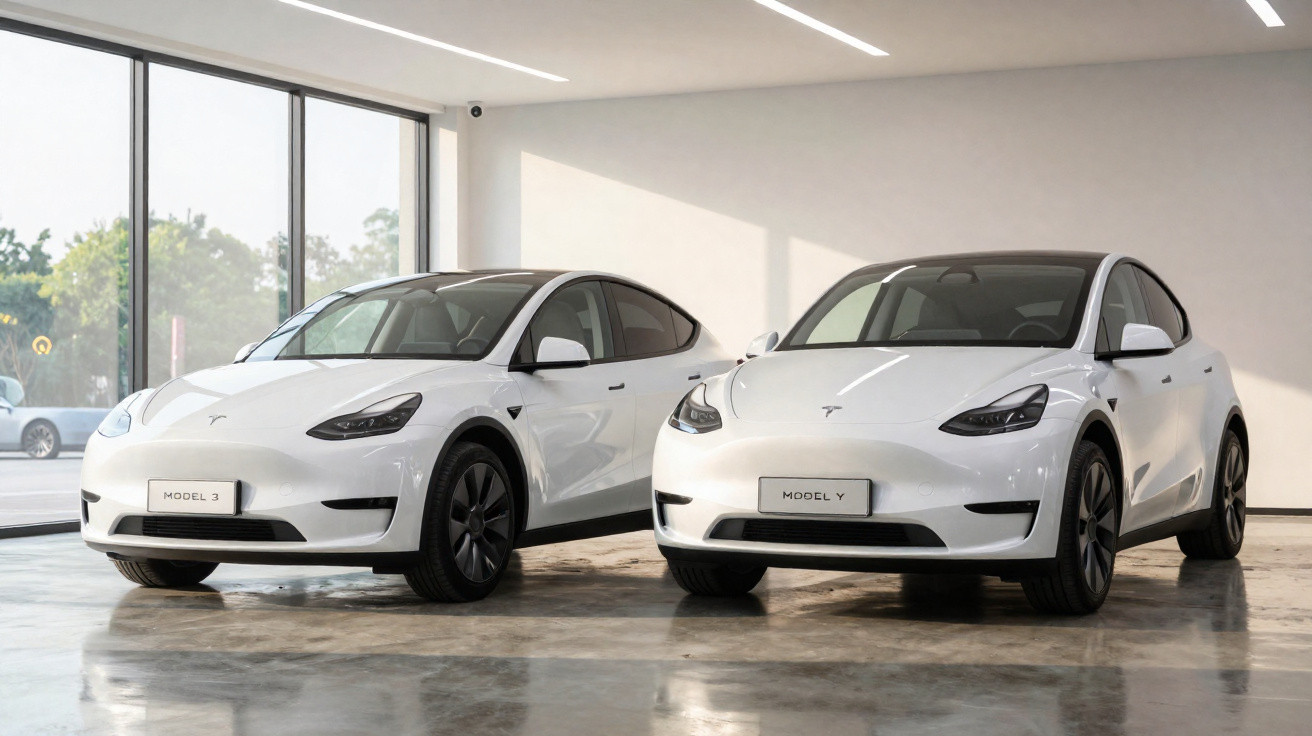 Dois carros elétricos Tesla brancos modelo 3 e modelo Y em showroom iluminado.