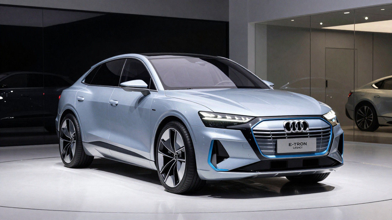 Carro elétrico Audi E-Tron GT prata exibido em showroom com iluminação suave e fundo escuro.