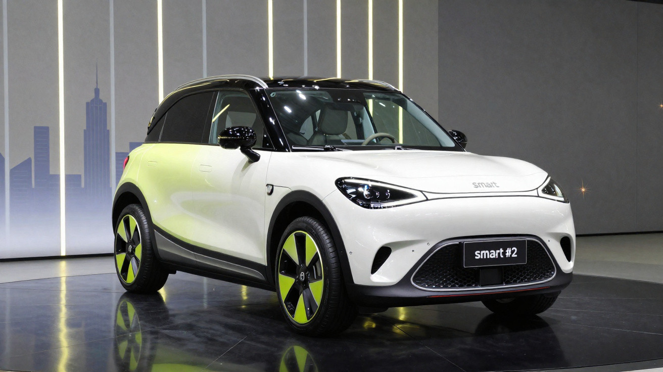 Carro elétrico Smart #2 branco com detalhes pretos e verdes exposto em salão automotivo.