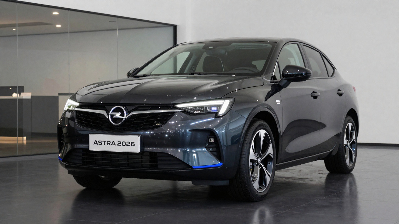 Carro cinza escuro Opel Astra 2026 estacionado em ambiente interno moderno com piso cinza.