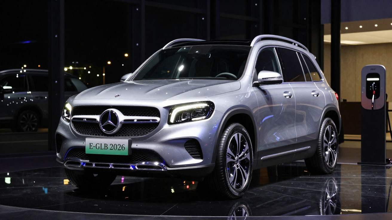 Mercedes-Benz E-GLB 2026 prata estacionado dentro de showroom moderno à noite.