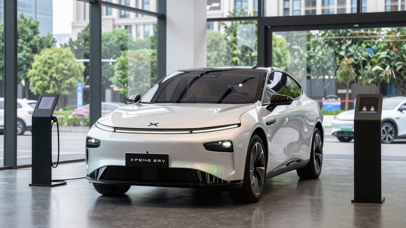 Carro elétrico branco XPeng P7 carregando em estação interna com vidros e vista para árvores.