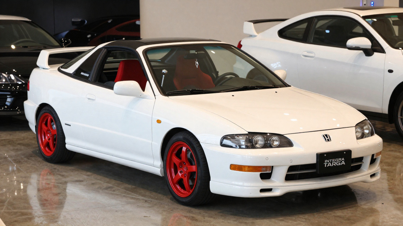 Carro esportivo branco Honda Integra Targa com rodas vermelhas em ambiente interno iluminado.