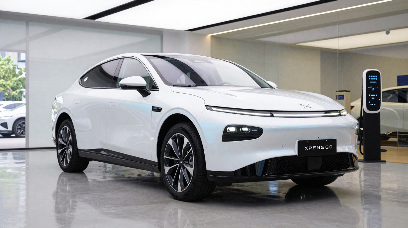 Carro elétrico branco XPeng G6 em showroom moderno com piso refletivo e parede de vidro.
