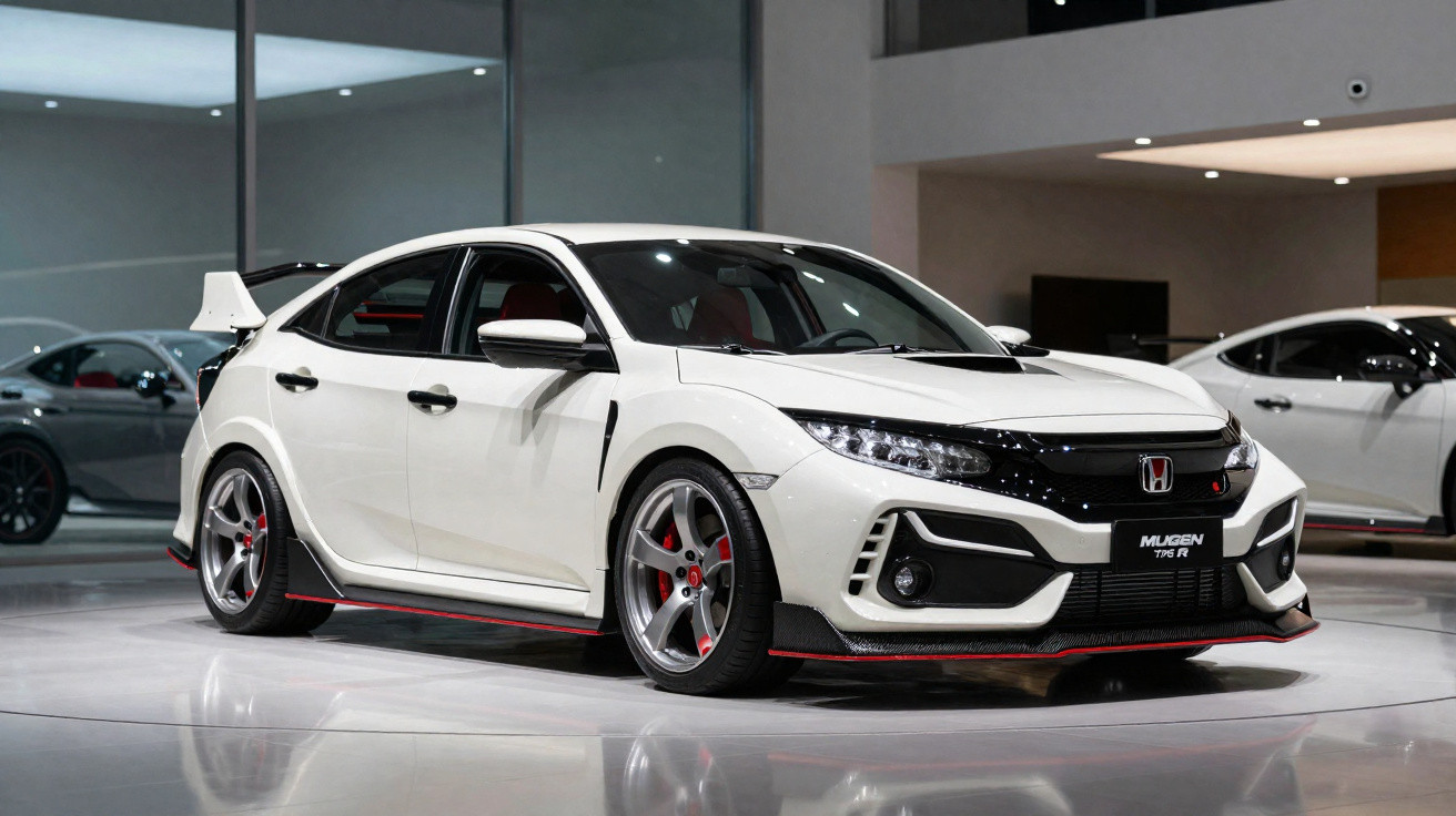 Carro esportivo branco Honda Civic Type R Mugen exibido em showroom com acabamento aerodinâmico e rodas prateadas.