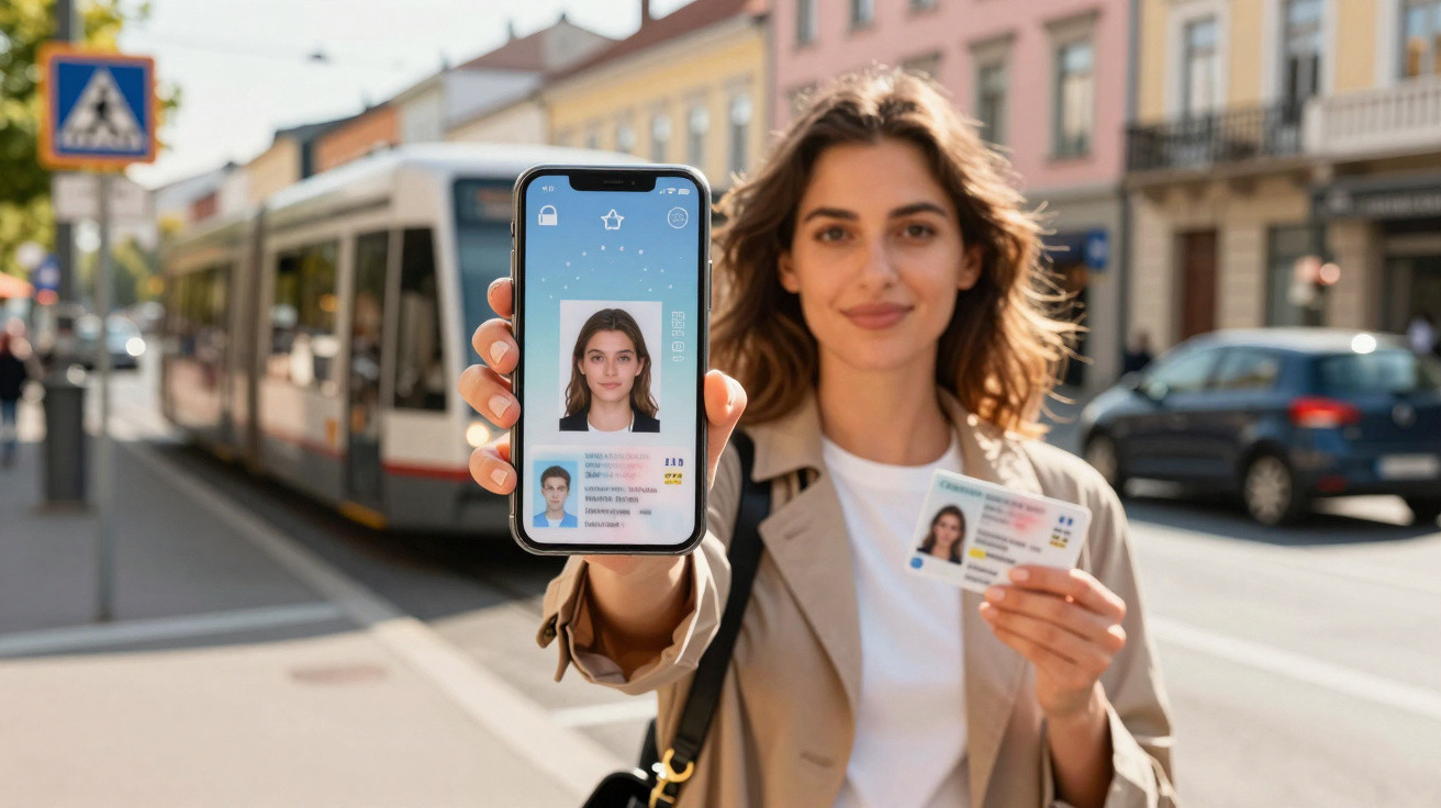 Mulher sorridente mostra documento de identidade físico e digital na rua com bonde ao fundo.
