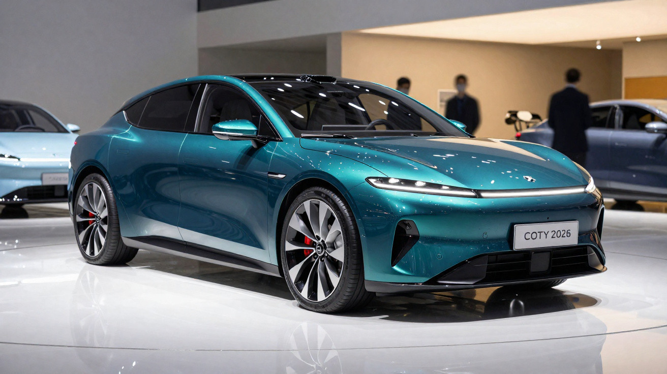 Carro elétrico esportivo azul com design futurista exibido em salão automotivo.