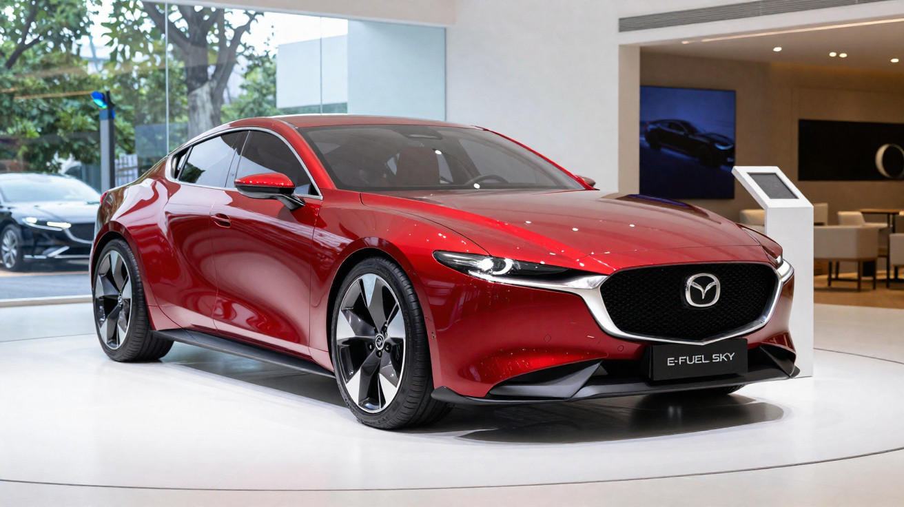 Carro esportivo vermelho Mazda E-Fuel Sky exibido em salão moderno com piso branco e paredes de vidro.